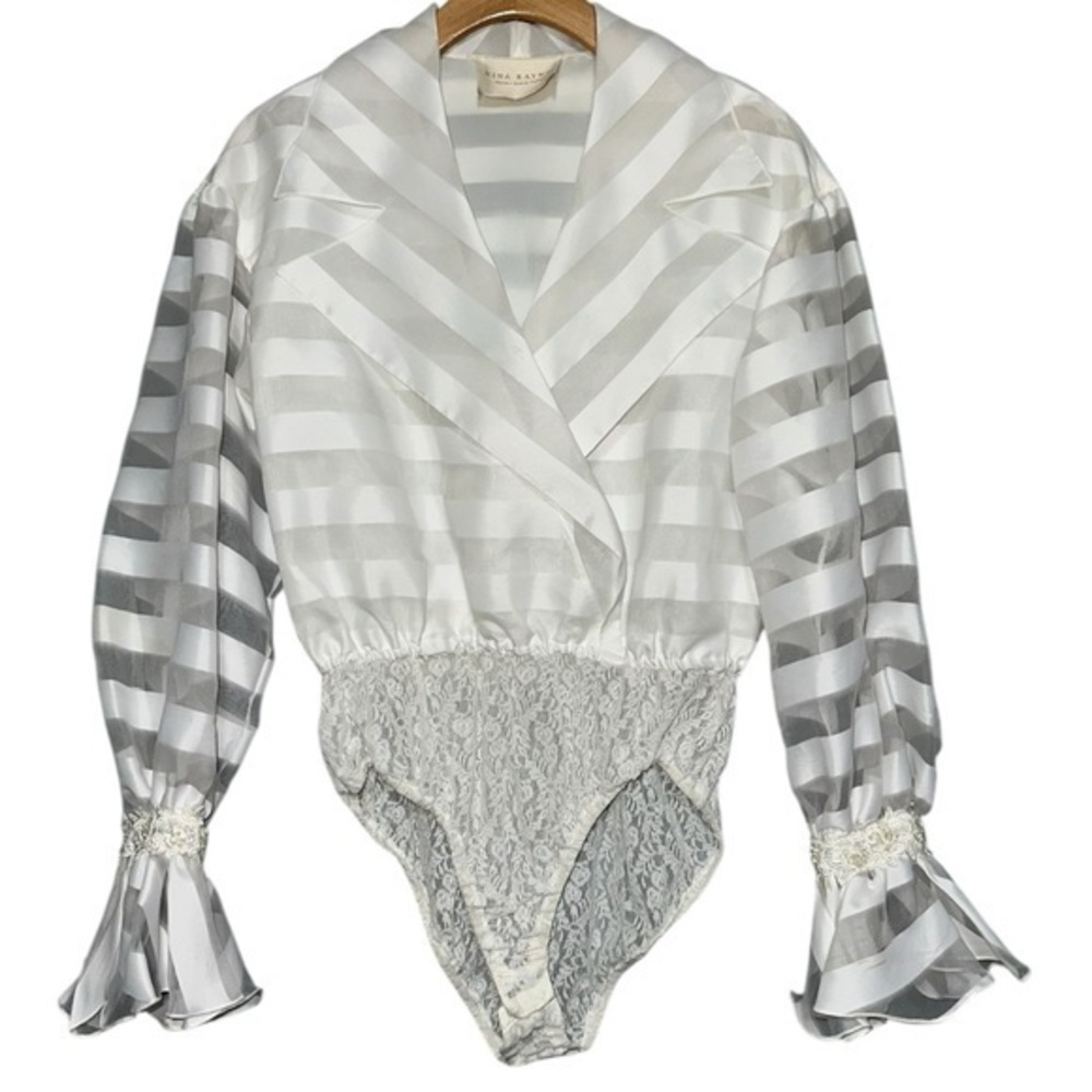 Nina Raynor Women’s Size M White Taffeta Long Sleeve Beaded Arm Bodysuit